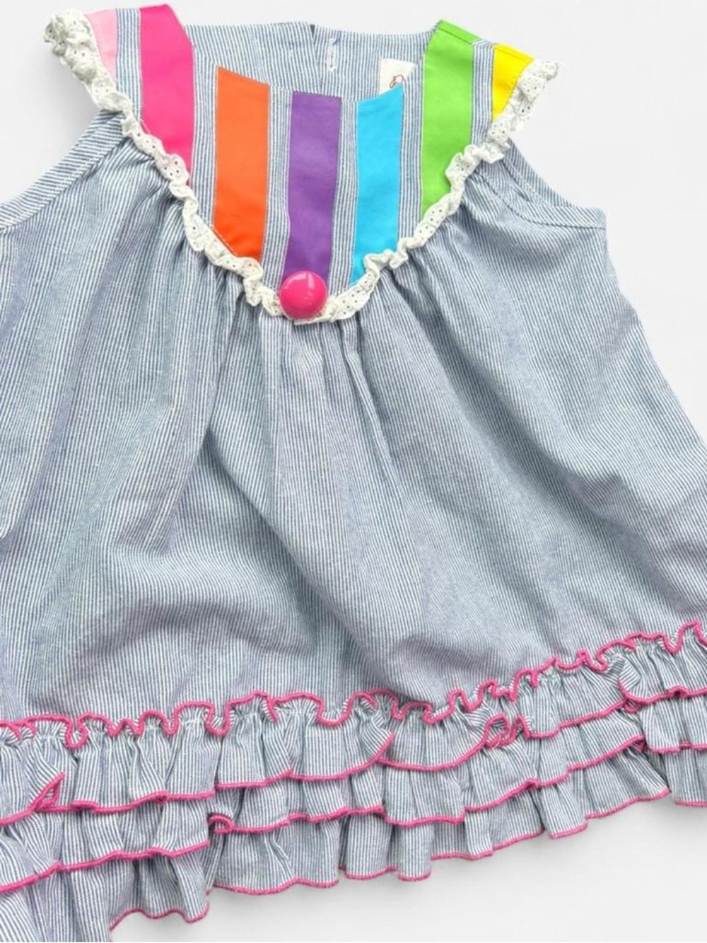 Vintage 90s Striped Blue toddler Dress with Bright Rainbow Trim 3T